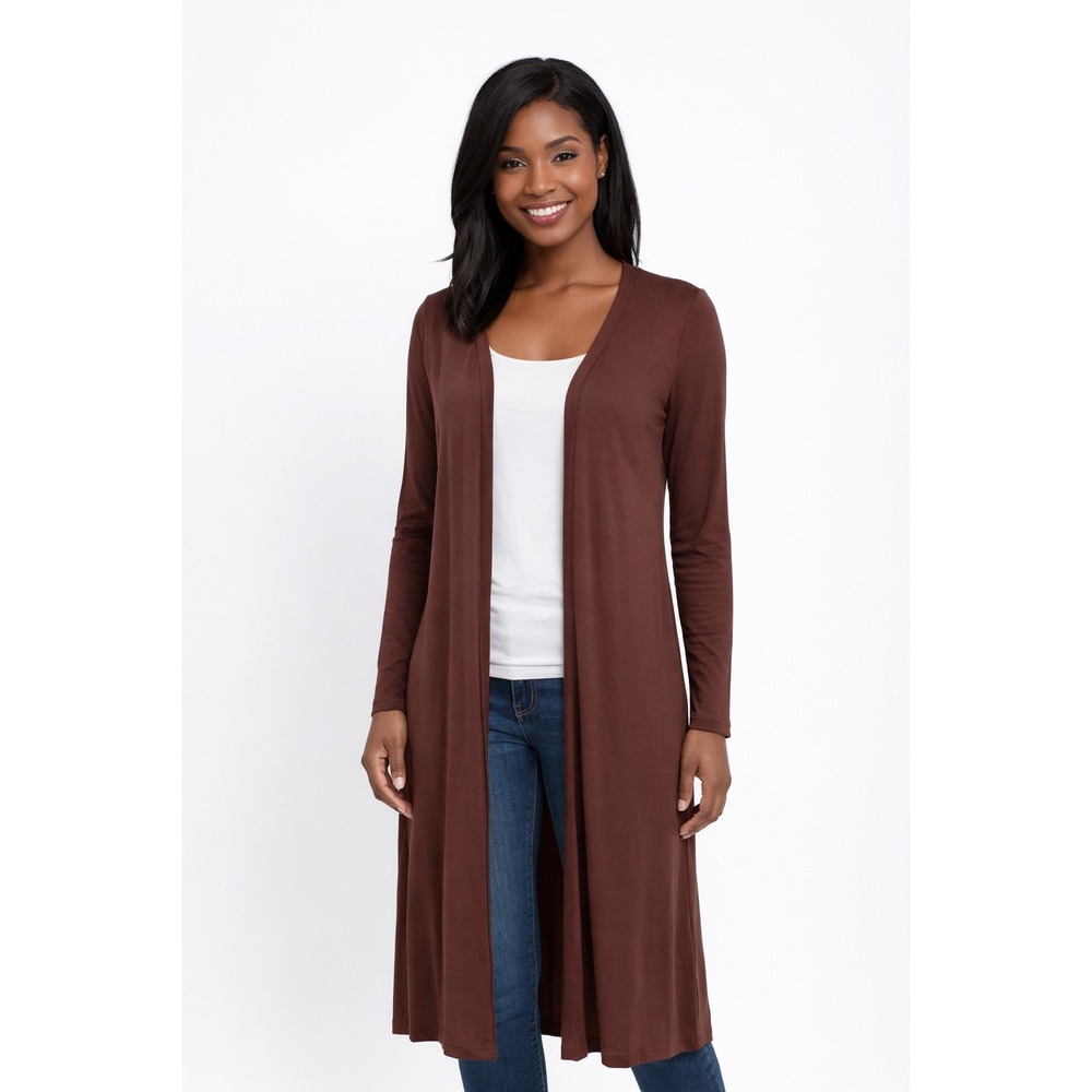 Meaneor Brown Longline Duster Cardigan Open Front Side Slit‎ Jersey S  102-77